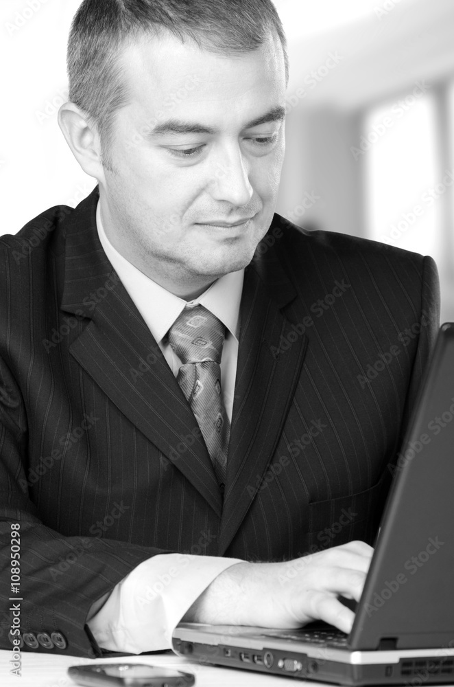 Businessman working on notebook in his office. Businessman working on notebook in his office.
