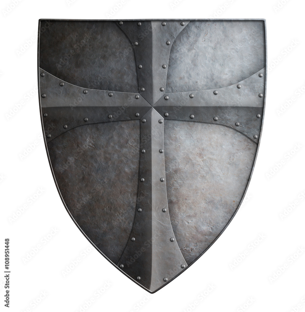 Big medieval crusader's metal shield isolated 3d illustration