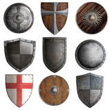 various knight shields set isolated 3d illustration
