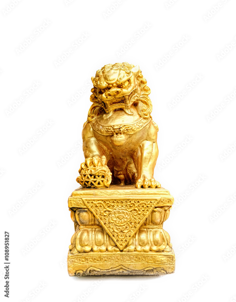 Chinese gold lion isolated on white background, selective focus on the head of a lion.