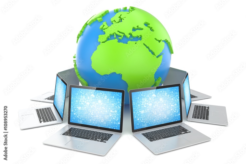 Laptop network around earth globe. 3d render Laptop network around earth globe. 3d render