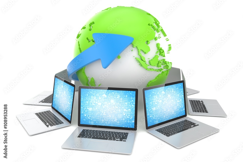Laptop network around earth globe. 3d render Laptop network around earth globe. 3d render