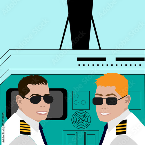 Pilot and co-pilot sitting in an airplane cabin flying and smiling