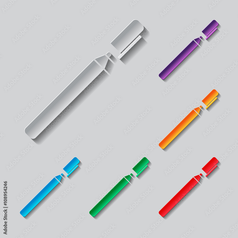 Pen or marker icon set. paper design with colored objects