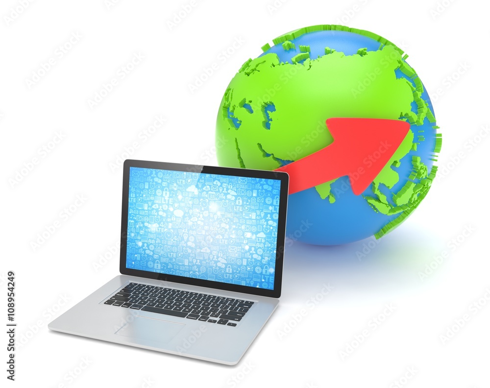 Laptop network and earth globe. 3d render