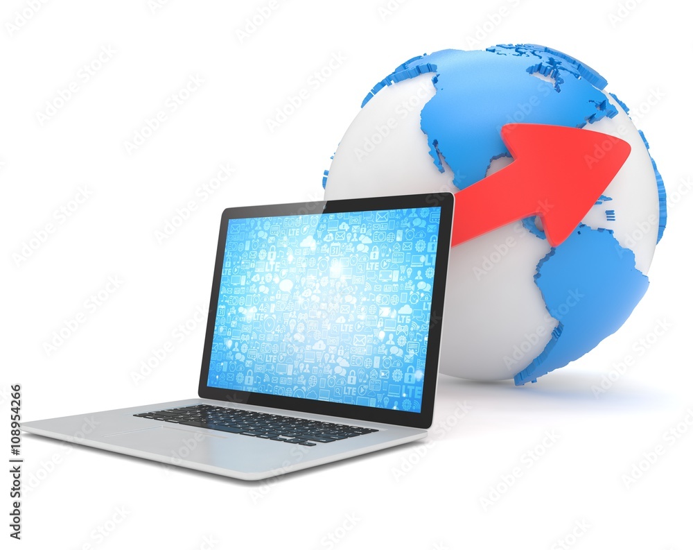 Laptop network and earth globe. 3d render Laptop network and earth globe. 3d render