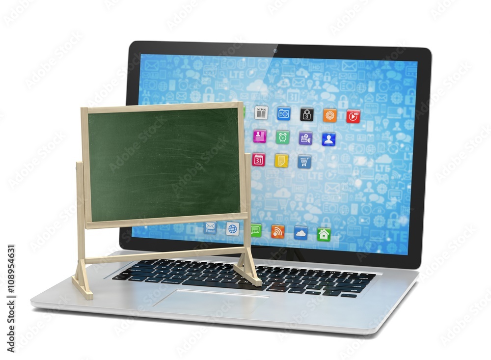 Laptop with chalkboard, online education concept. 3d rendering. Laptop with chalkboard, online education concept. 3d rendering.