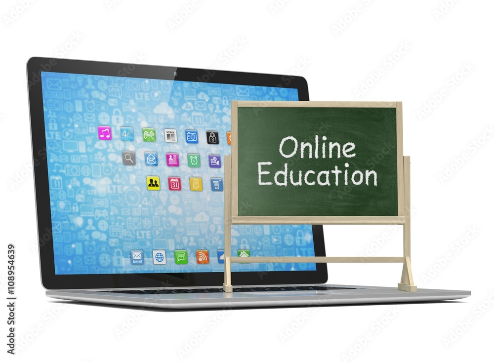 Laptop with chalkboard, online education concept. 3d rendering. Laptop with chalkboard, online education concept. 3d rendering.