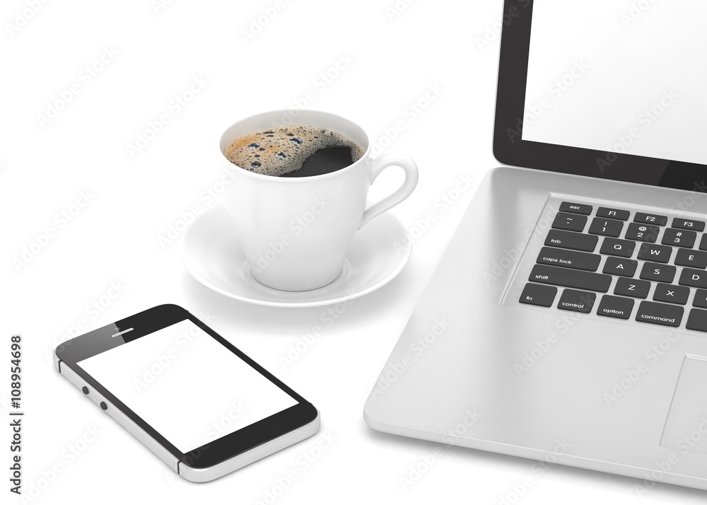 Laptop smartphone and coffee cup on white. 3d rendering.