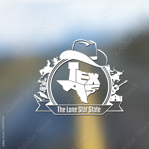 Texas State Map Lettering & Symbols White Composition On Blurred Background