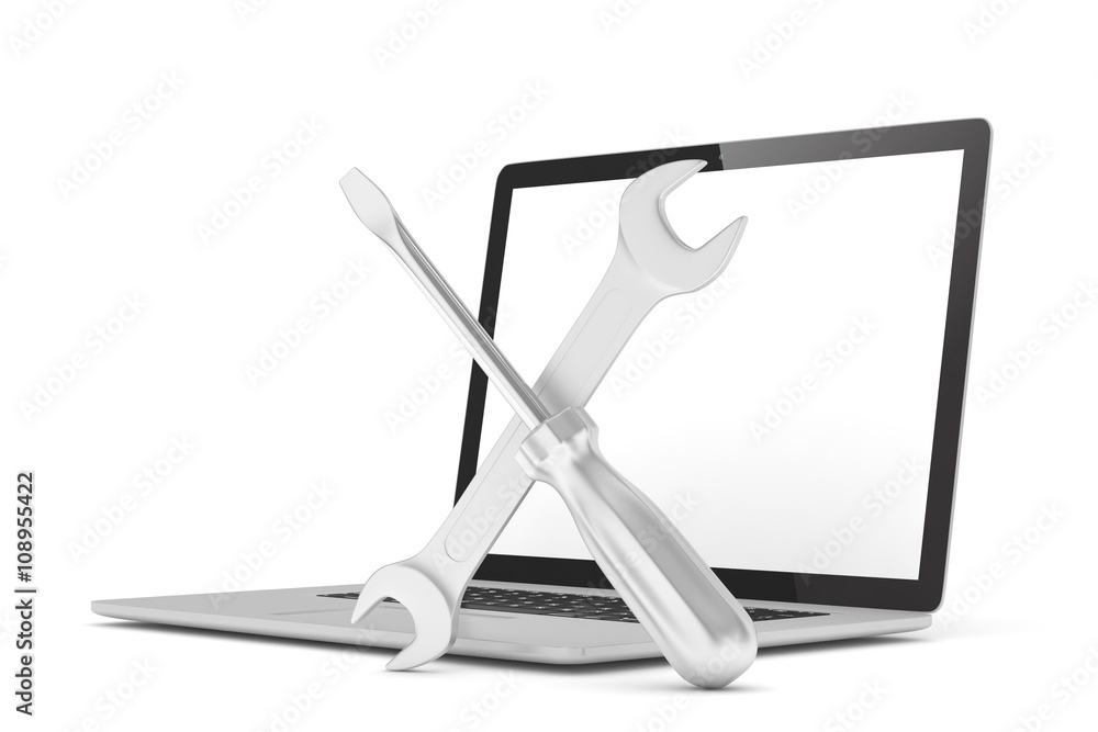 3D Illustration Wrench and screwdriver on laptop, service concept 3D Illustration Wrench and screwdriver on laptop, service concept