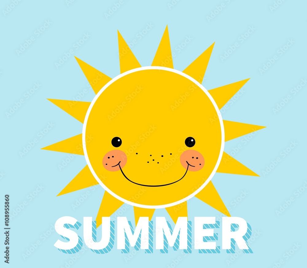 Summer concept. Smiling sun. Summer lettering. Isolated. Blue background Summer concept. Smiling sun. Summer lettering. Isolated. Blue background