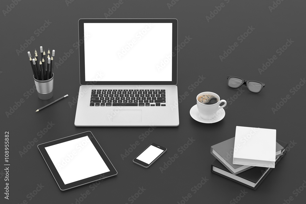 Responsive mockup screens. Laptop, tablet, phone on table. 3d rendering. Responsive mockup screens. Laptop, tablet, phone on table. 3d rendering.