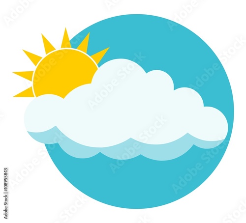 Flat sun behind cloud over blue sky. Sun. Cloud. Icon. Logo.  Isolated