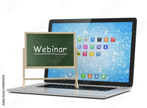 Laptop with chalkboard, webinar, online education concept on white. 3d rendering.