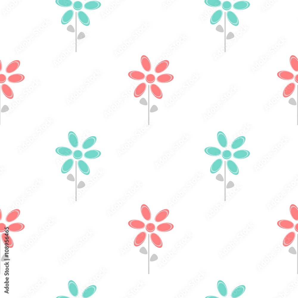 colorful cute abstract daisy flowers blue and red seamless vector pattern background illustration