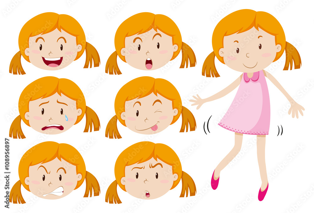 Girl in pink dress and different emotions Girl in pink dress and different emotions