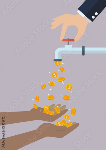 Poor hands are carrying coins falling out of the water tap