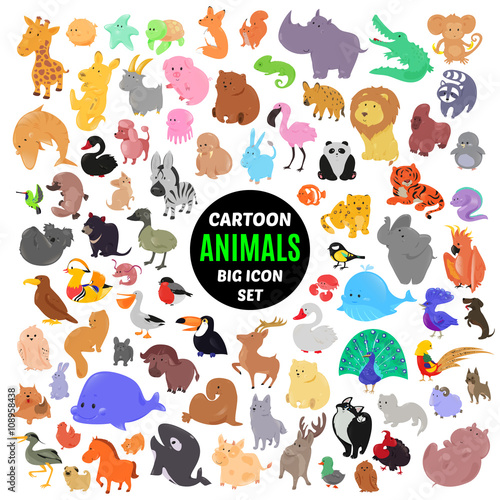 Big set of cute cartoon animal icons isolated on white background