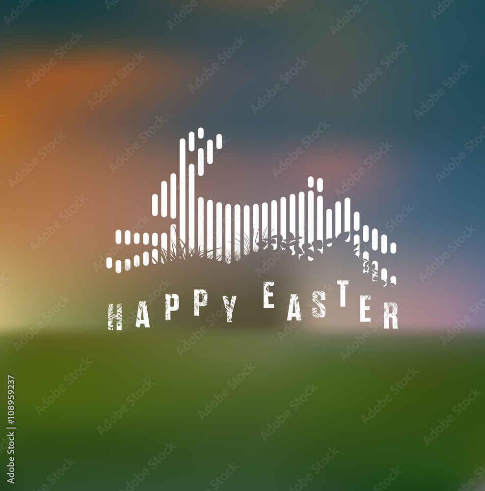 Fototapeta premium Happy Easter. Running / Jumping Bunny / Rabbit in White Lines Style on Blurred Background