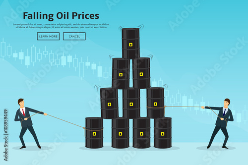 Businessmen pull the oil barrels. Concept of web banner with oil barrels and a financial chart. Vector illustration of oil industry in the form of a pyramid of oil barrels. Oil prices down.