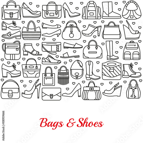 Background made of line icons. Bags and shoes. Vector illustration