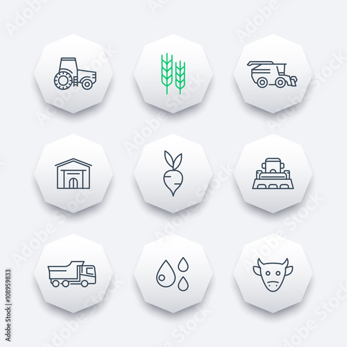 Agriculture, farming line icons, agrimotor, harvest, cattle, hangar, agricultural machinery octagonal icons set, vector illustration