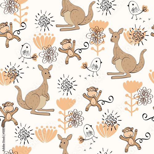 hand draw seamless pattern with kangaroo and monkey.