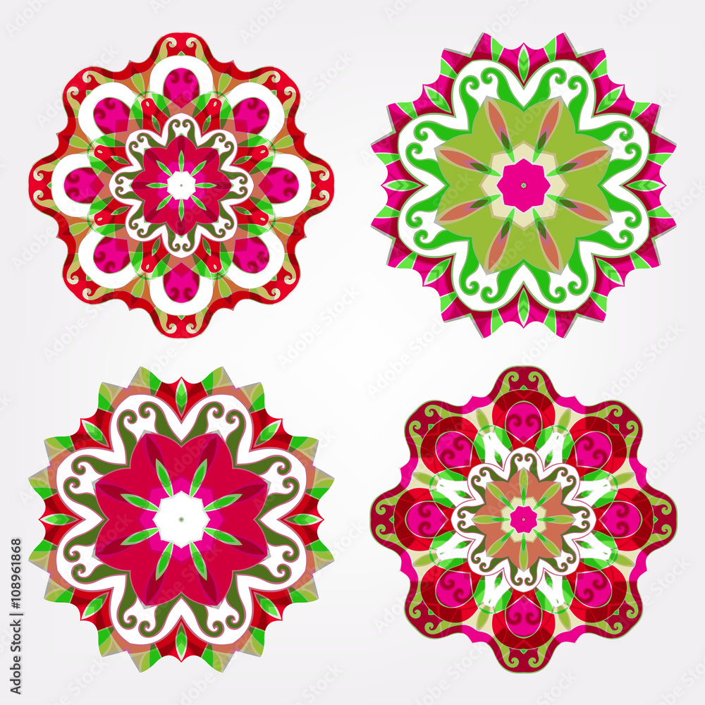 Mandalas set. Round floral patterns. Flower pattern isolated on grey background. Vector illustration