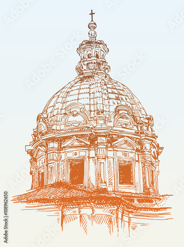 sketch drawing of old basilica from Rome, Italy