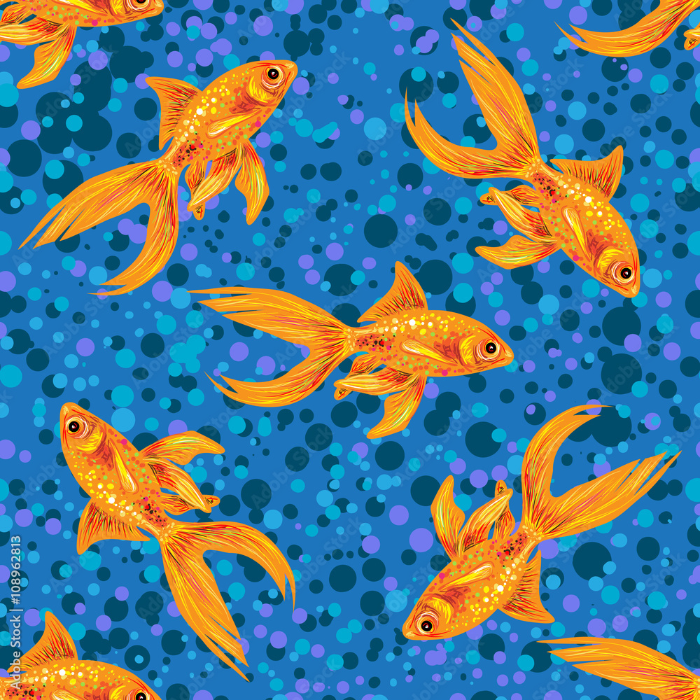 Seamless sea pattern with gold fish. Summer vector background. Perfect for wallpapers, pattern fills, web page backgrounds, surface textures, textile