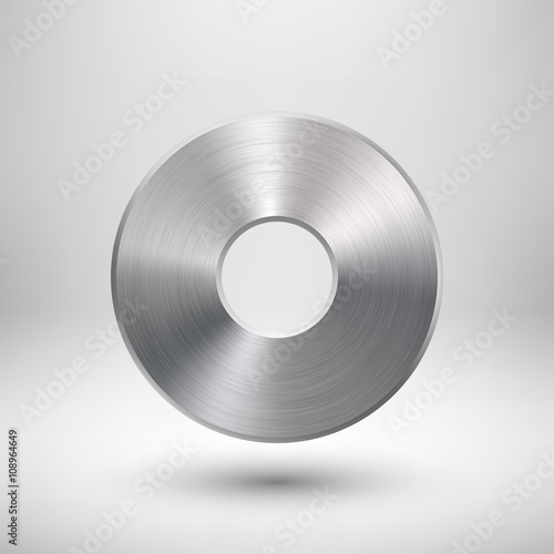 Abstract donut, ring geometric badge, technology button template with metal texture, chrome, silver, steel and realistic shadow for logo, design concepts, interfaces, apps. Vector illustration.