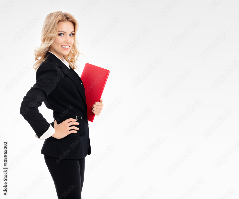 Young smiling businesswoman with red folder Young smiling businesswoman with red folder