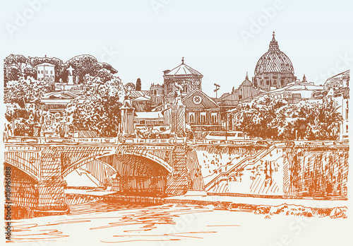 drawing of Rome Italy cityscape, type bridge in river and Sai