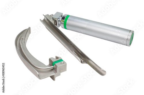 Laryngoscope with Miller blades and Macintosh blades on white background.