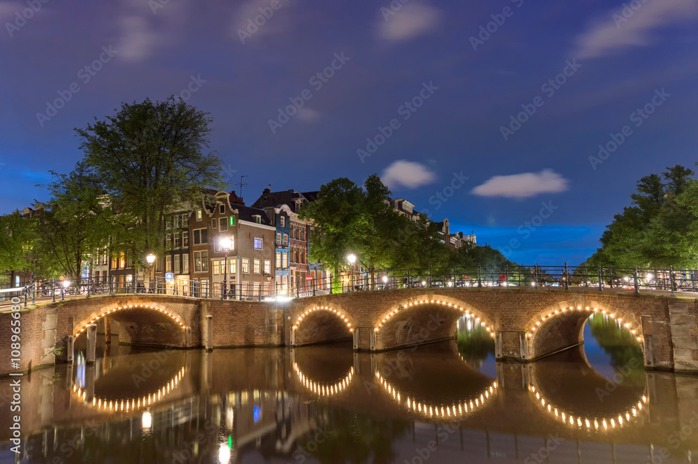 Night view of bridges and canals in Amsterdam, The Netherlands