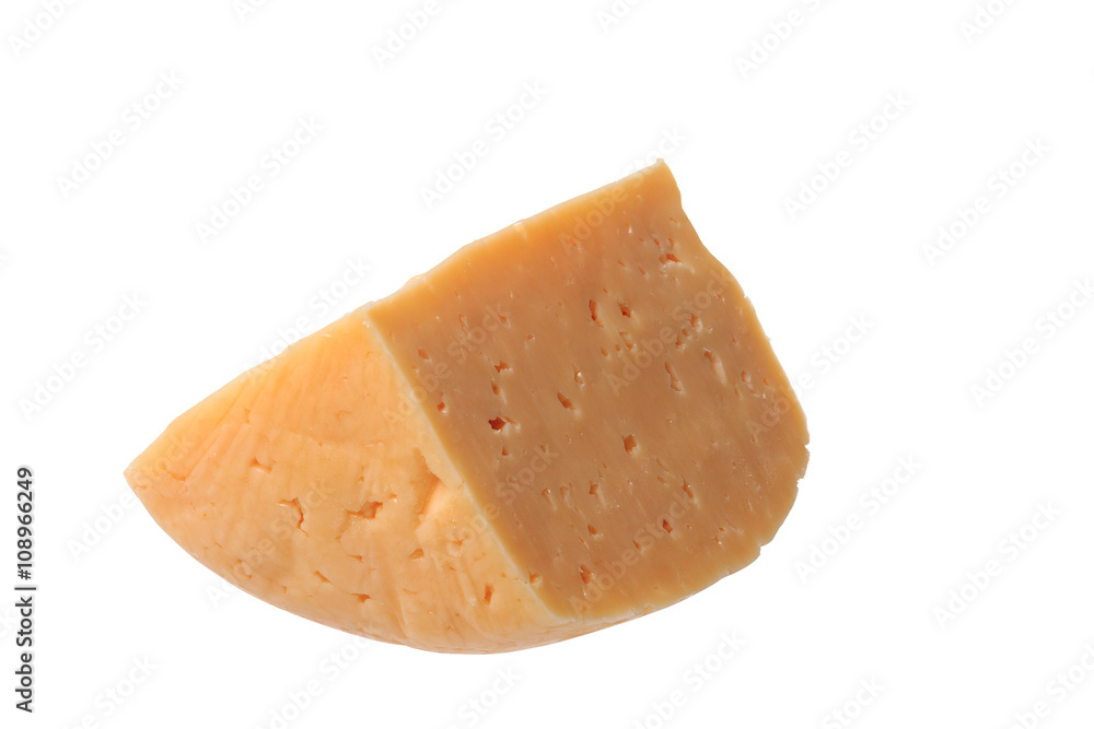 A piece of delicious porous cheese on a white background
