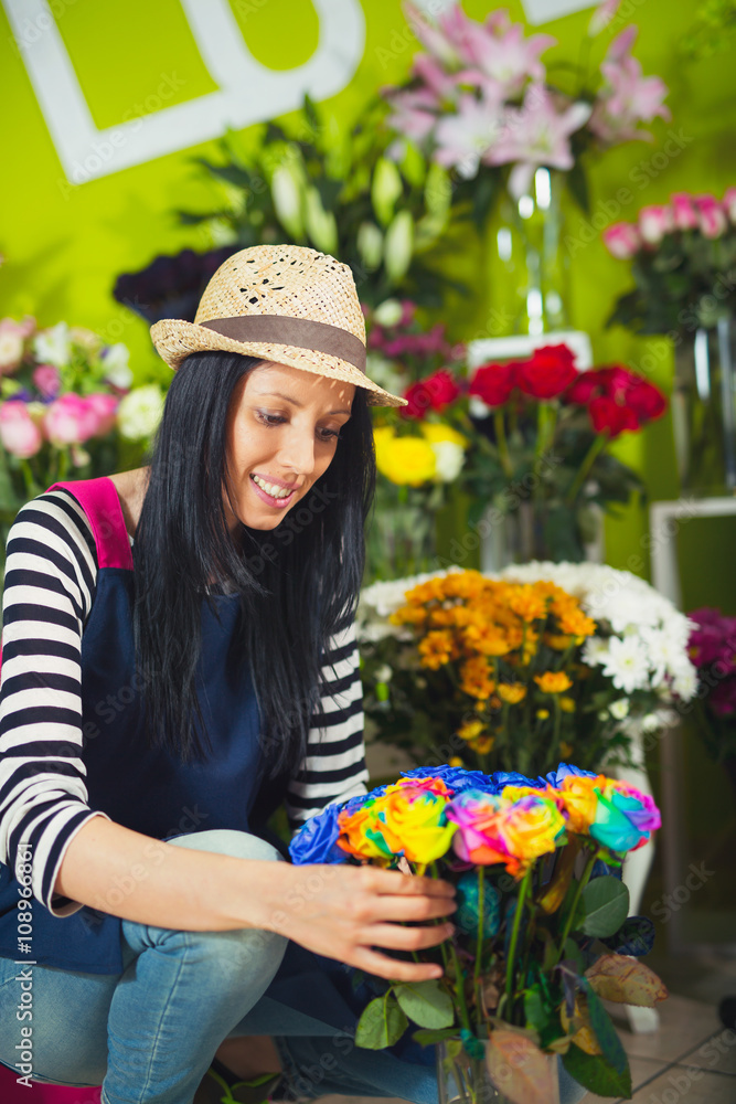 Smiling Woman Florist Small Business Flower Shop Owner. Selective focus