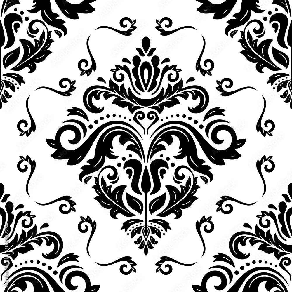 Damask seamless ornament. Traditional pattern. Classic oriental black and white background for design and decorate
