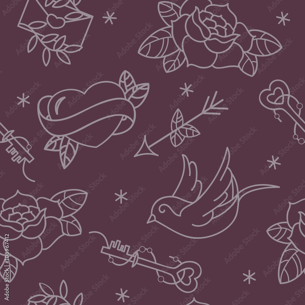 Old school tattoo vector seamless pattern with roses, hearts, birds, keys and arrows. Valentines day or wedding design. Old school tattoo vector seamless pattern with roses, hearts, birds, keys and arrows. Valentines day or wedding design.