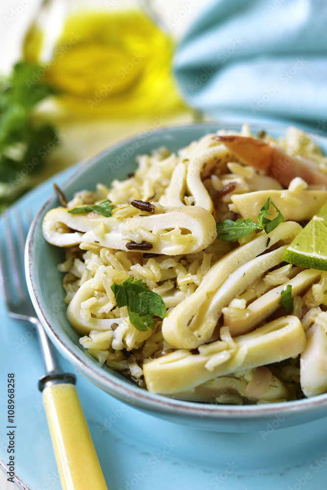 Calamari salad with wild and brown rice. Calamari salad with wild and brown rice.
