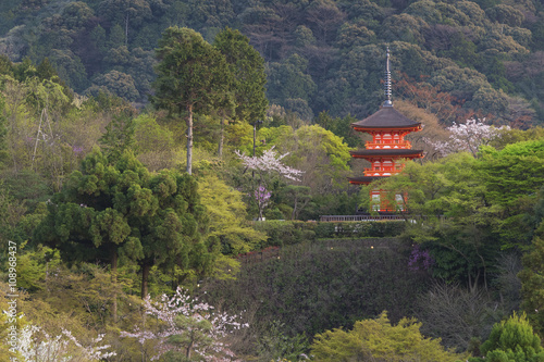 tall pagoda tower in Kiyomizu Temple in Kyoto Japan.