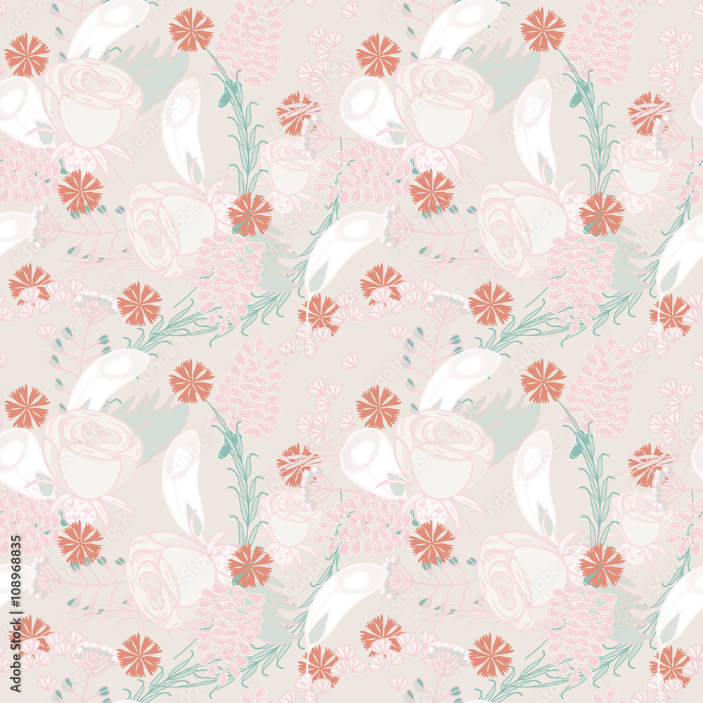 Seamless Floral pattern. Floral background with trend pastel colors. Soft pink and blue tones. Elements of meadow plants. 