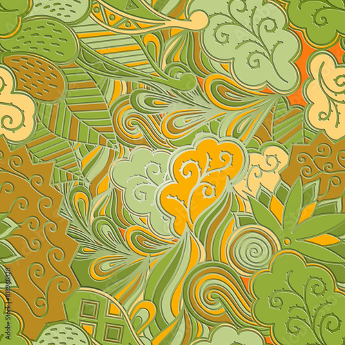Tracery seamless, loops, doodle wind pattern. Paisley, winding stem, spiral, wave, bud mehndi design. Handmade texture, curved doodling design. Good for site background, textile, printing. Vector.