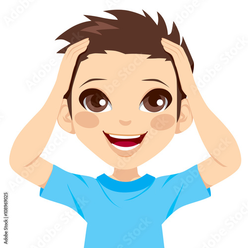 Cute little boy happy surprised expression with hands on head and big smile