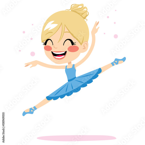 Beautiful blonde girl ballet dancer jumping wearing blue tutu and pointe shoes