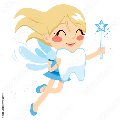 Beautiful sweet blonde tooth fairy girl holding big tooth and magic wand