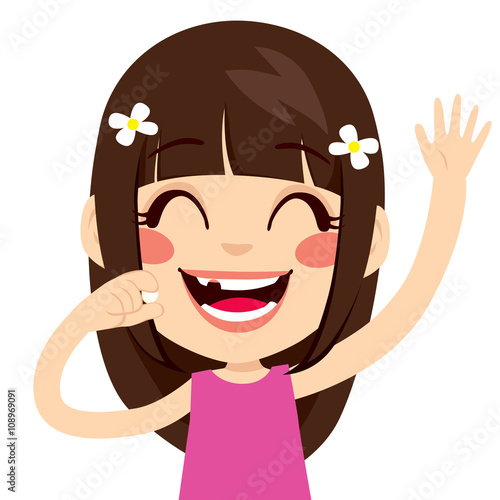Cute little girl happy holding fallen teeth waving hand