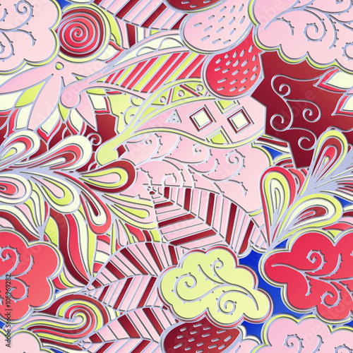 Seamless mehndi tracery design. Handmade natural mood texture. Good for background site, tracery 3d imitation pattern. Curved lines, doodling design. Fair motif, colorful photorealistic pattern.