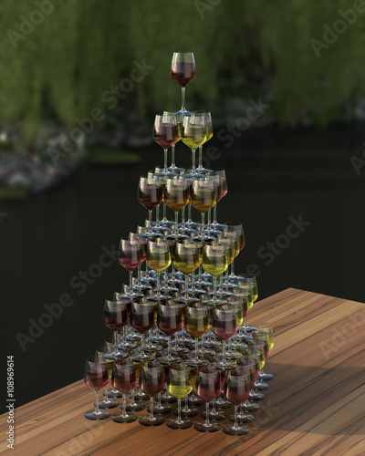 Tasting wine with palette of red, roze and white wines in glasses on the wooden table. Glasses of white wine surrounded by glasses of red and pink wine. 3d illustration